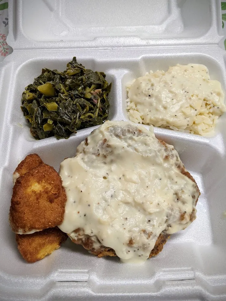 Chicken Fried Steak Collard Greens Rice w Gravy and Hush Puppies