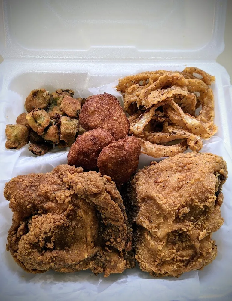 Fried Chicken Fried Okra Hush Puppies and Onion Rings