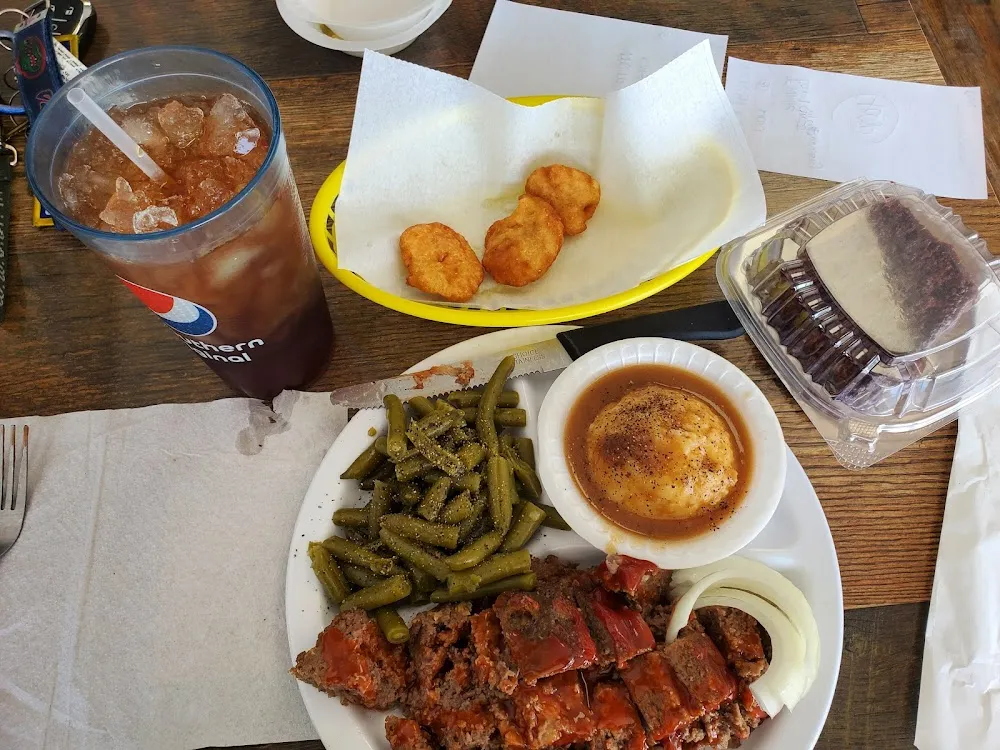 Meatloaf Mashed Potatoes and Gravy Green Beans Chocolate Cake and Sweet Tea